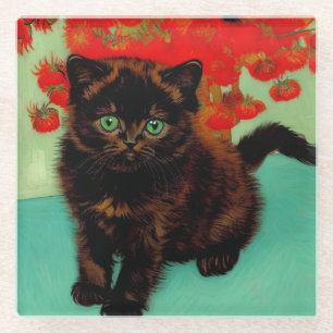 Van Gogh Black Cat Red Flowers Glass Coaster