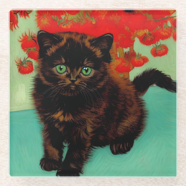 Van Gogh Black Cat Red Flowers Glass Coaster (Front)