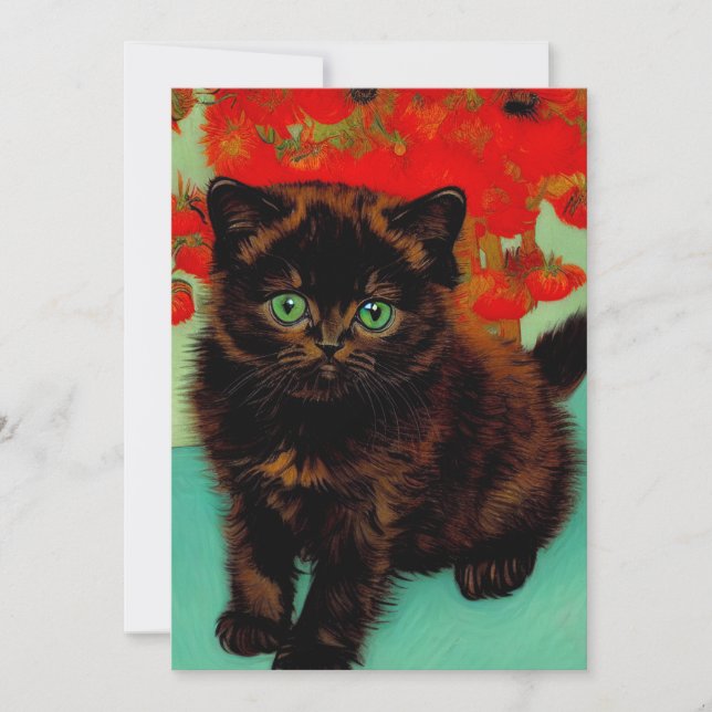 Van Gogh Black Cat Red Flowers Invitation (Front)