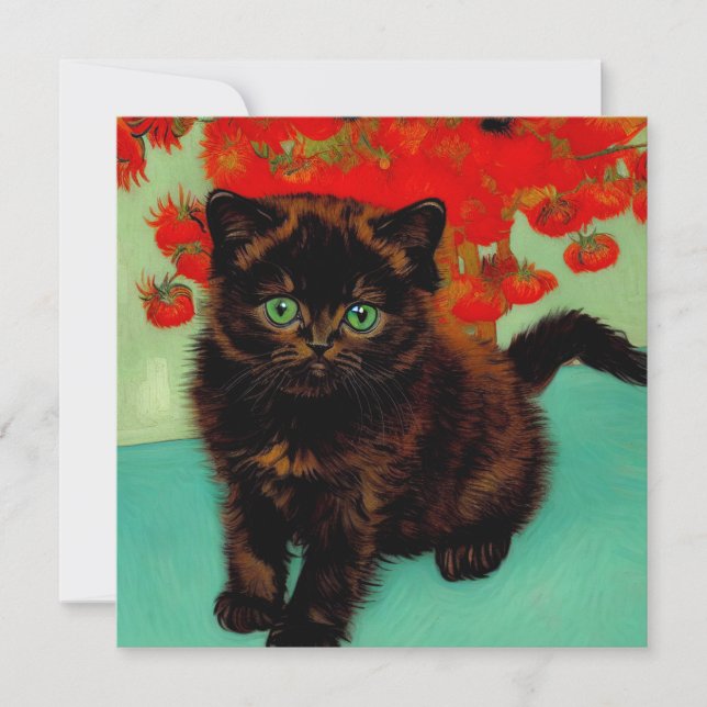 Van Gogh Black Cat Red Flowers Invitation (Front)