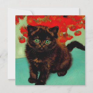 Van Gogh Black Cat Red Flowers Invitation