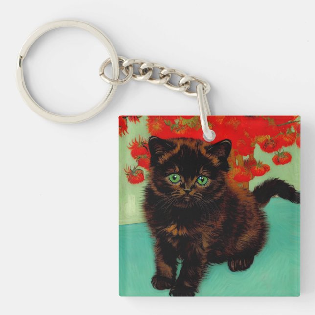 Van Gogh Black Cat Red Flowers Keychain (Front)