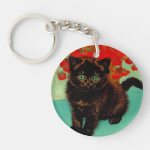 Van Gogh Black Cat Red Flowers Keychain