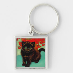 Van Gogh Black Cat Red Flowers Keychain
