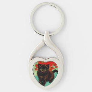 Van Gogh Black Cat Red Flowers Keychain