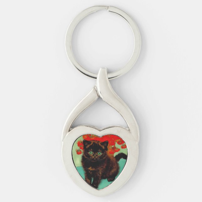 Van Gogh Black Cat Red Flowers Keychain (Front)