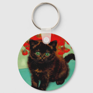 Van Gogh Black Cat Red Flowers Keychain