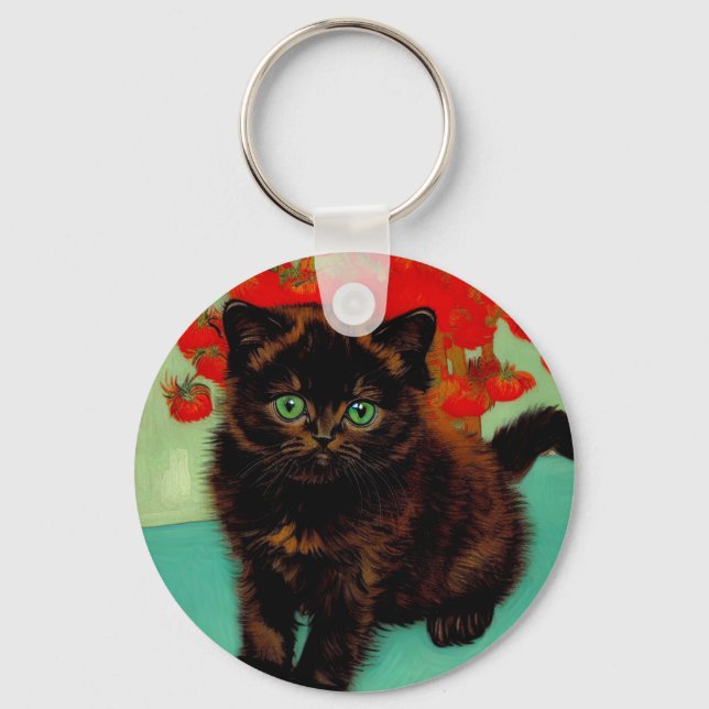 Van Gogh Black Cat Red Flowers Keychain (Front)