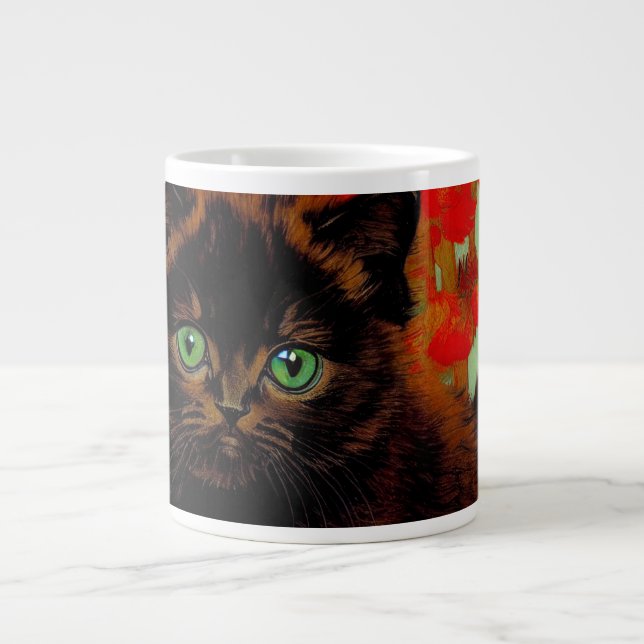 Van Gogh Black Cat Red Flowers Large Coffee Mug (Front)