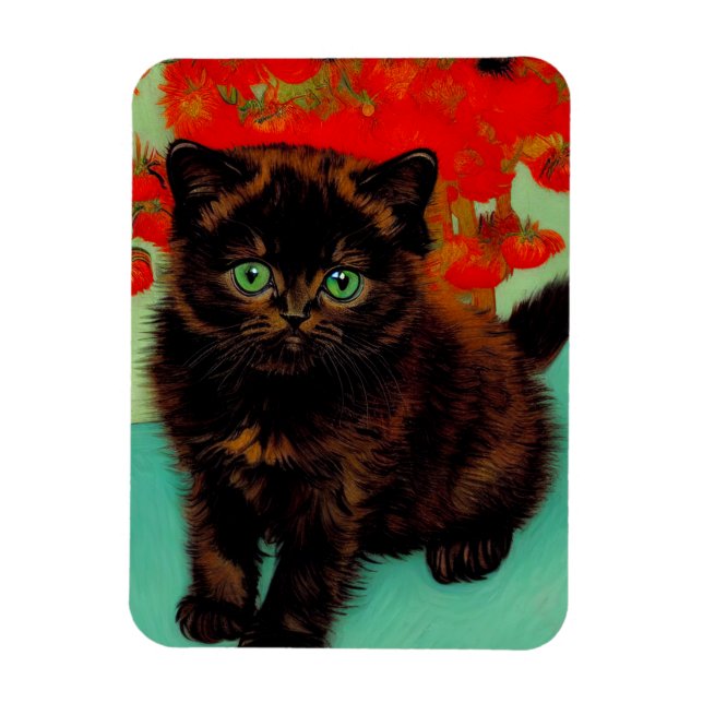 Van Gogh Black Cat Red Flowers Magnet (Vertical)