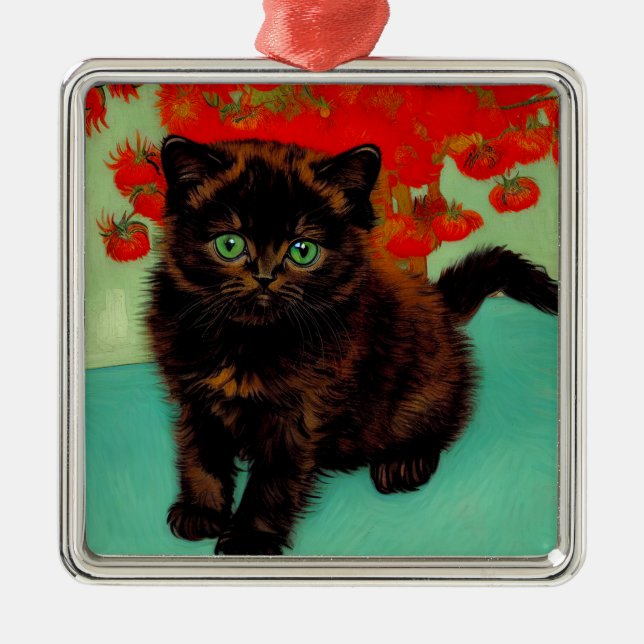 Van Gogh Black Cat Red Flowers Metal Ornament (Front)