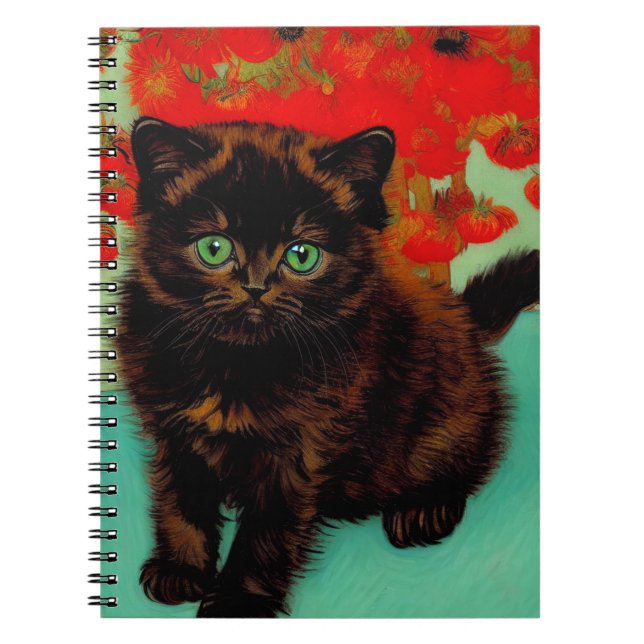 Van Gogh Black Cat Red Flowers Notebook (Front)