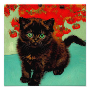Van Gogh Black Cat Red Flowers Photo Print