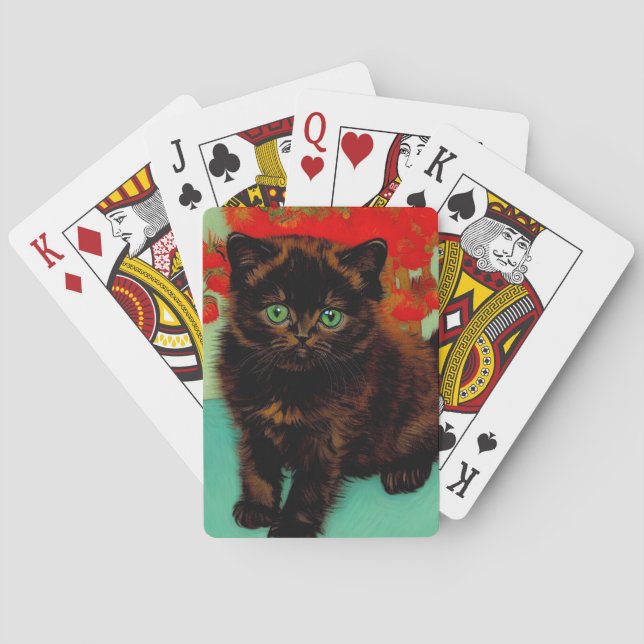 Van Gogh Black Cat Red Flowers Playing Cards (Back)