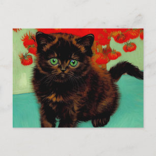 Van Gogh Black Cat Red Flowers Postcard