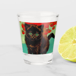 Van Gogh Black Cat Red Flowers Shot Glass