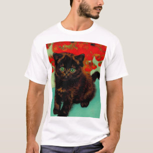 Van Gogh Black Cat Red Flowers T-Shirt