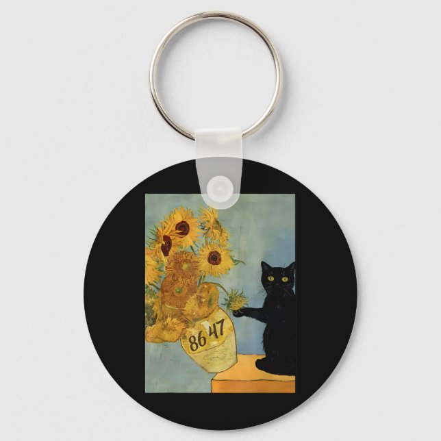 Van Gogh Black Cat With Sunflowers 8647 Subtle Res Keychain (Front)