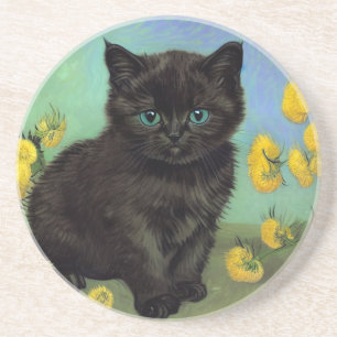 Van Gogh Black Cat Yellow Flowers Coaster