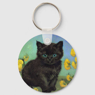 Van Gogh Black Cat Yellow Flowers Keychain