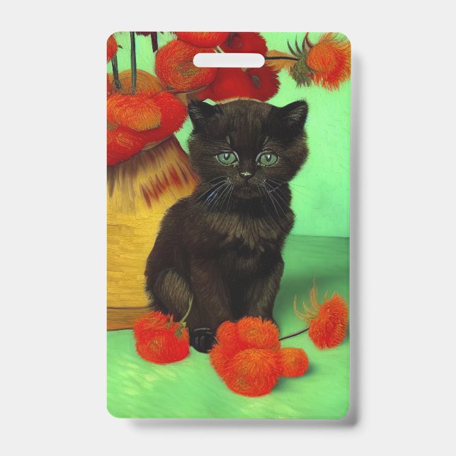 Van Gogh Black Kitten Red Flowers Badge (Front)