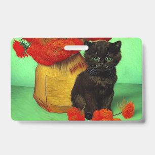 Van Gogh Black Kitten Red Flowers Badge