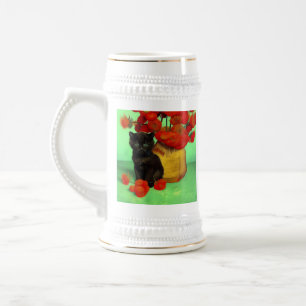 Van Gogh Black Kitten Red Flowers Beer Stein