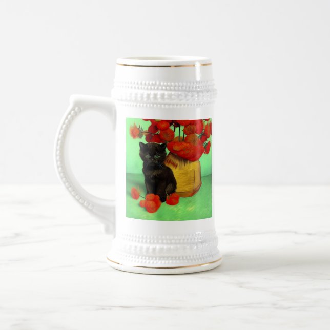 Van Gogh Black Kitten Red Flowers Beer Stein (Left)