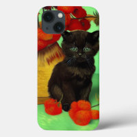 Van Gogh Black Kitten Red Flowers
