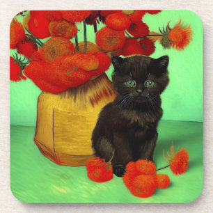 Van Gogh Black Kitten Red Flowers Coaster