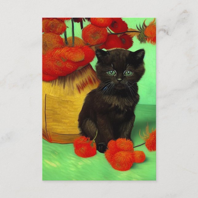 Van Gogh Black Kitten Red Flowers Enclosure Card (Front)