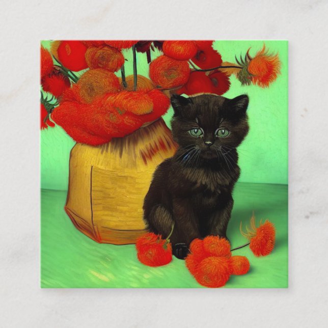 Van Gogh Black Kitten Red Flowers Enclosure Card (Front)