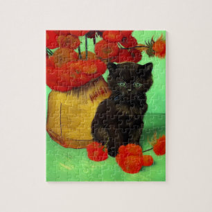 Van Gogh Black Kitten Red Flowers Jigsaw Puzzle