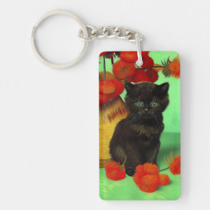 Van Gogh Black Kitten Red Flowers Keychain