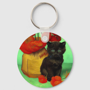 Van Gogh Black Kitten Red Flowers Keychain