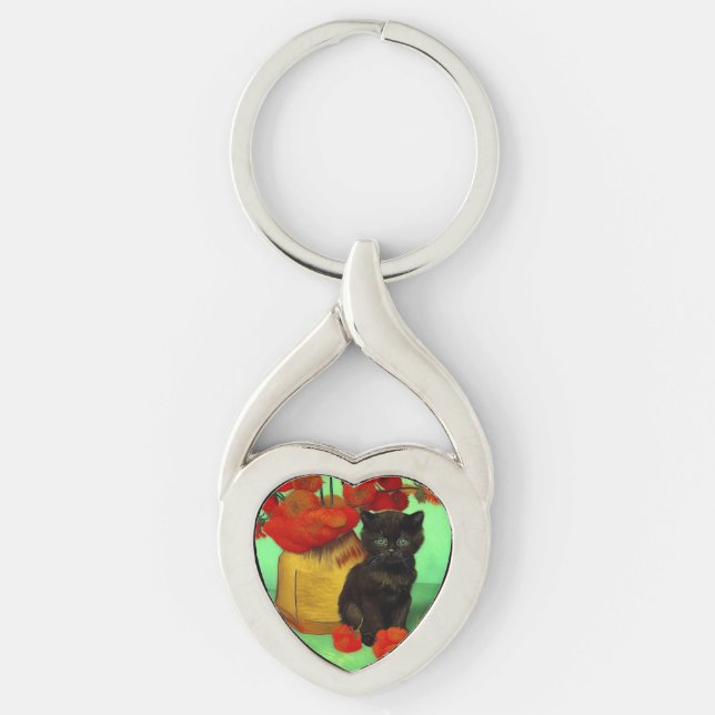 Van Gogh Black Kitten Red Flowers Keychain (Front)