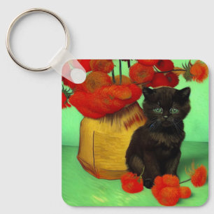 Van Gogh Black Kitten Red Flowers Keychain