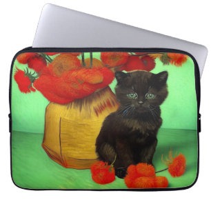 Van Gogh Black Kitten Red Flowers Laptop Sleeve
