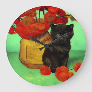 Van Gogh Black Kitten Red Flowers Large Clock