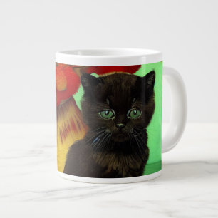 Van Gogh Black Kitten Red Flowers Large Coffee Mug