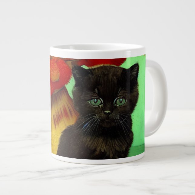 Van Gogh Black Kitten Red Flowers Large Coffee Mug (Front Right)
