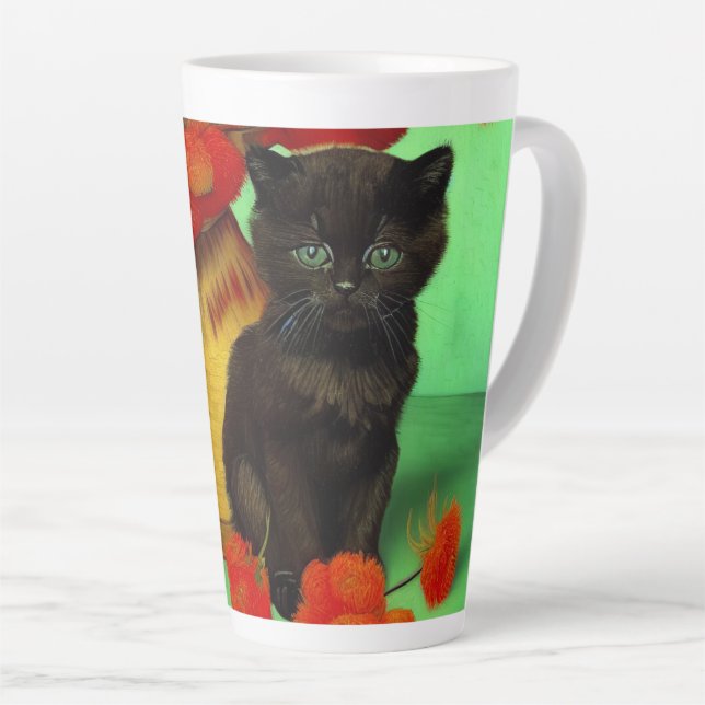 Van Gogh Black Kitten Red Flowers Latte Mug (Right Angle)