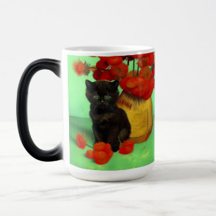 Van Gogh Black Kitten Red Flowers Magic Mug