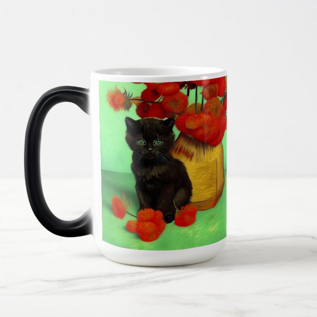 Van Gogh Black Kitten Red Flowers Magic Mug (Left)