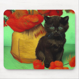 Van Gogh Black Kitten Red Flowers Mouse Pad