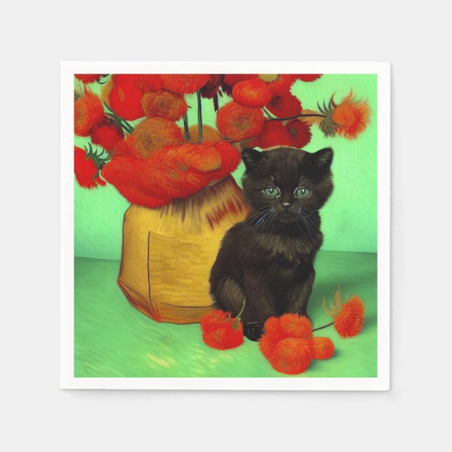 Van Gogh Black Kitten Red Flowers Napkin (Front)