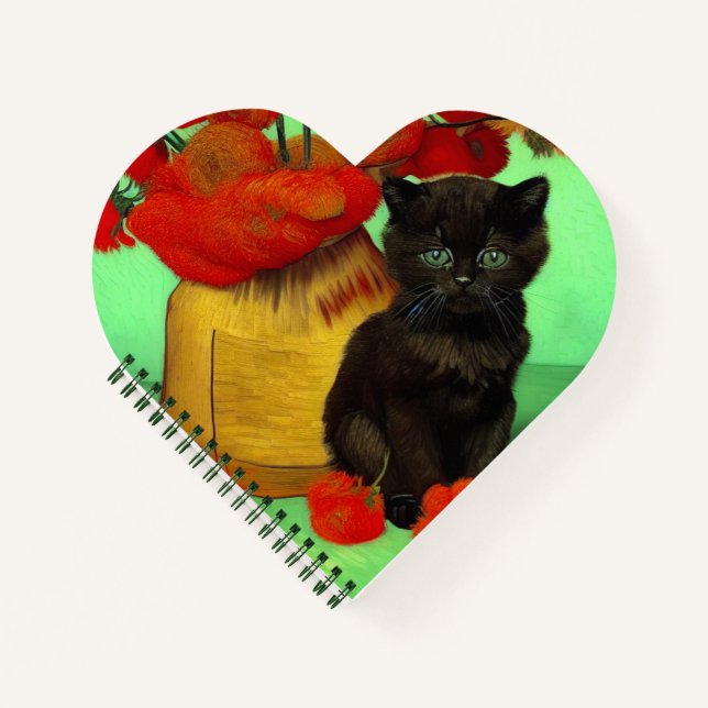 Van Gogh Black Kitten Red Flowers Notebook (Front)