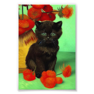 Van Gogh Black Kitten Red Flowers Photo Print
