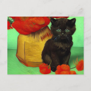 Van Gogh Black Kitten Red Flowers Postcard