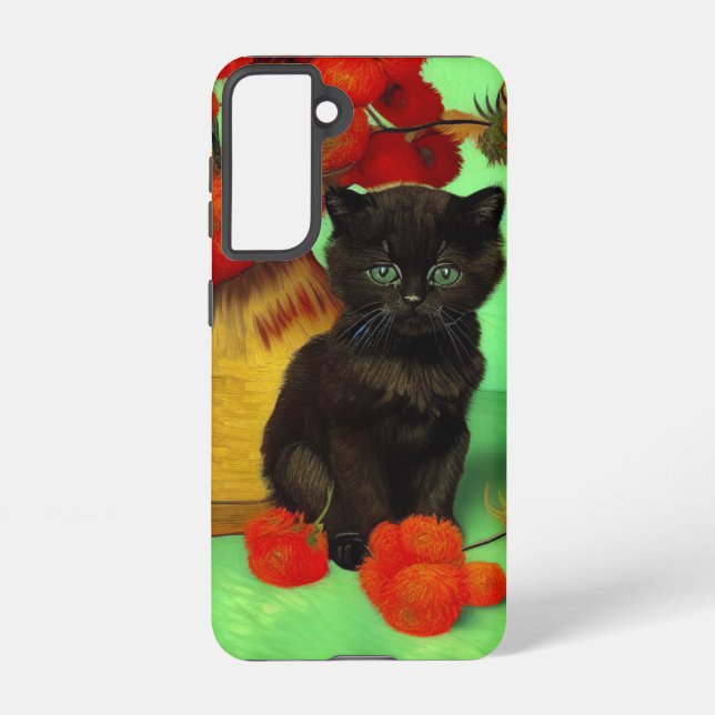 Van Gogh Black Kitten Red Flowers Samsung Galaxy S21 Case (Back)